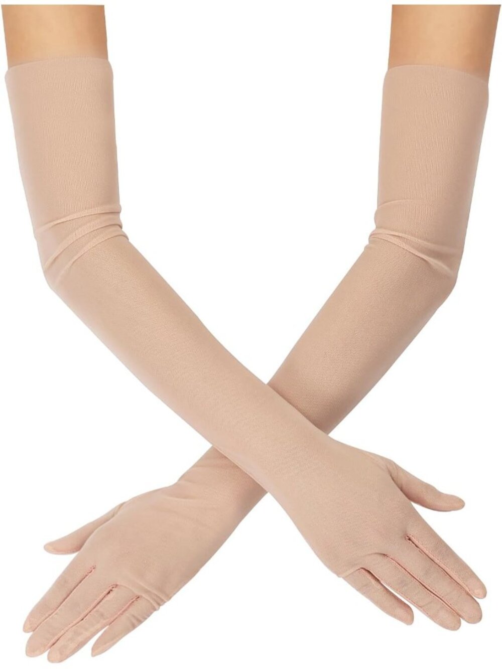 Womens Dusty Pink 1920s Stretchy Elbow Length Long Sheer Mesh Tulle Opera Gloves